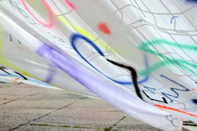 Detail from the painting and the chiffon fabric by artist Patricia Sandonis