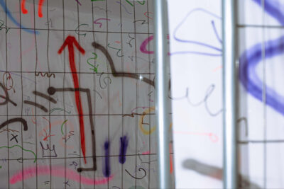 Detail from the big-scale painting by artist Patricia Sandonis, using chiffon fabric on fences