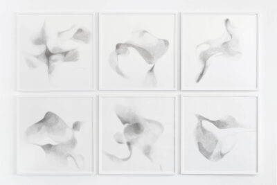 Six drawings on white paper called Uncertainty in Consensus by artist Patricia Sandonis