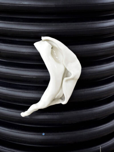 White porcelain sculpture on a black plastic object. Work of art by artist Patricia Sandonis