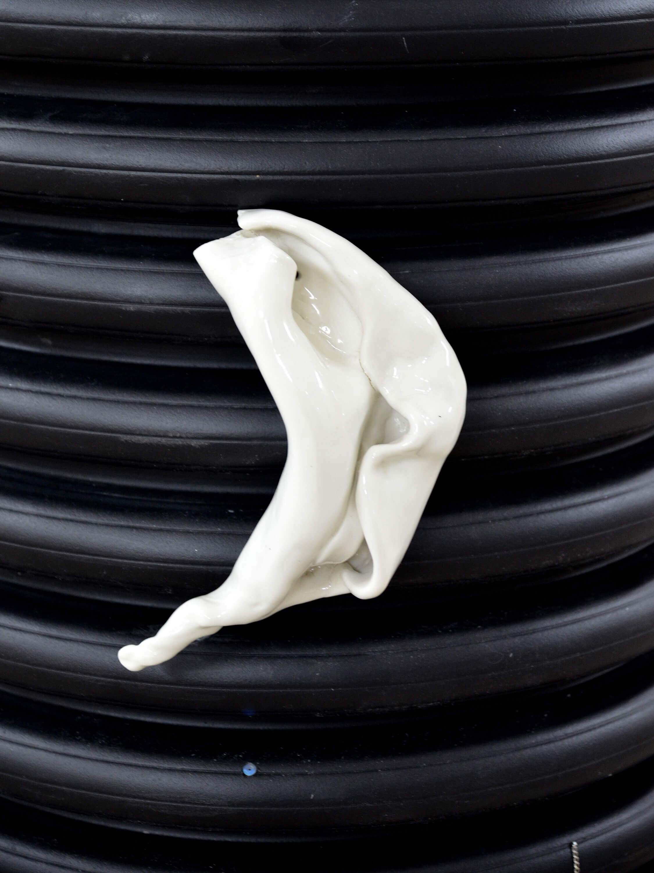 White porcelain sculpture on a black plastic object. Work of art by artist Patricia Sandonis