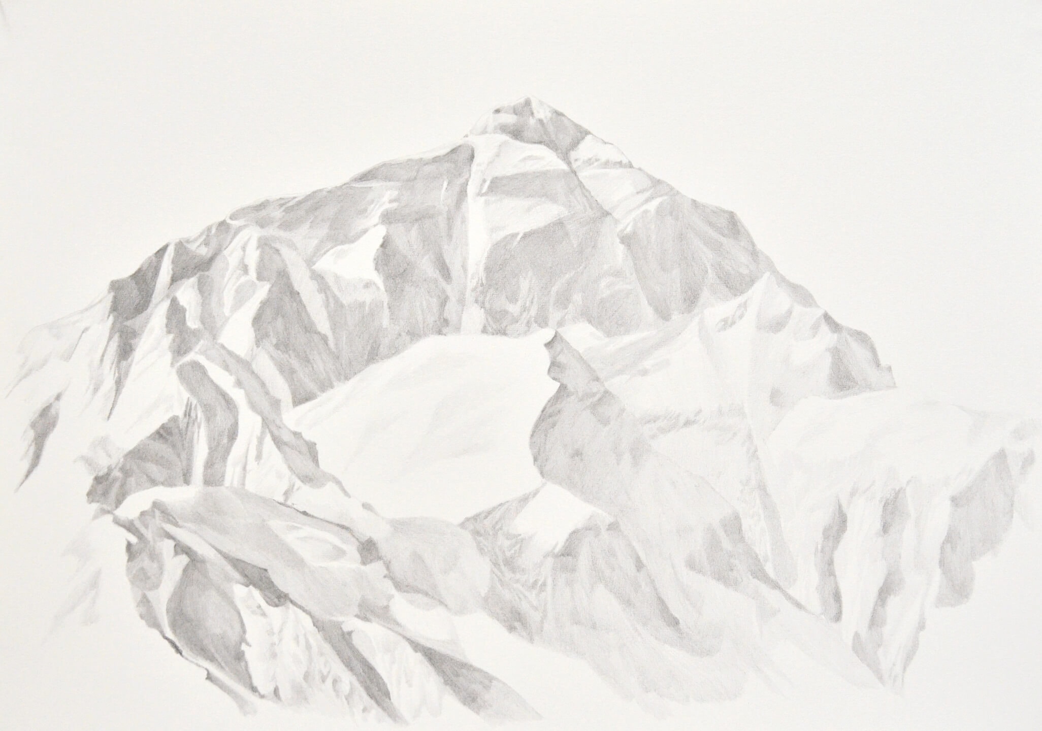 Drawing graphite on paper of Mount Everest by artist Patricia Sandonis