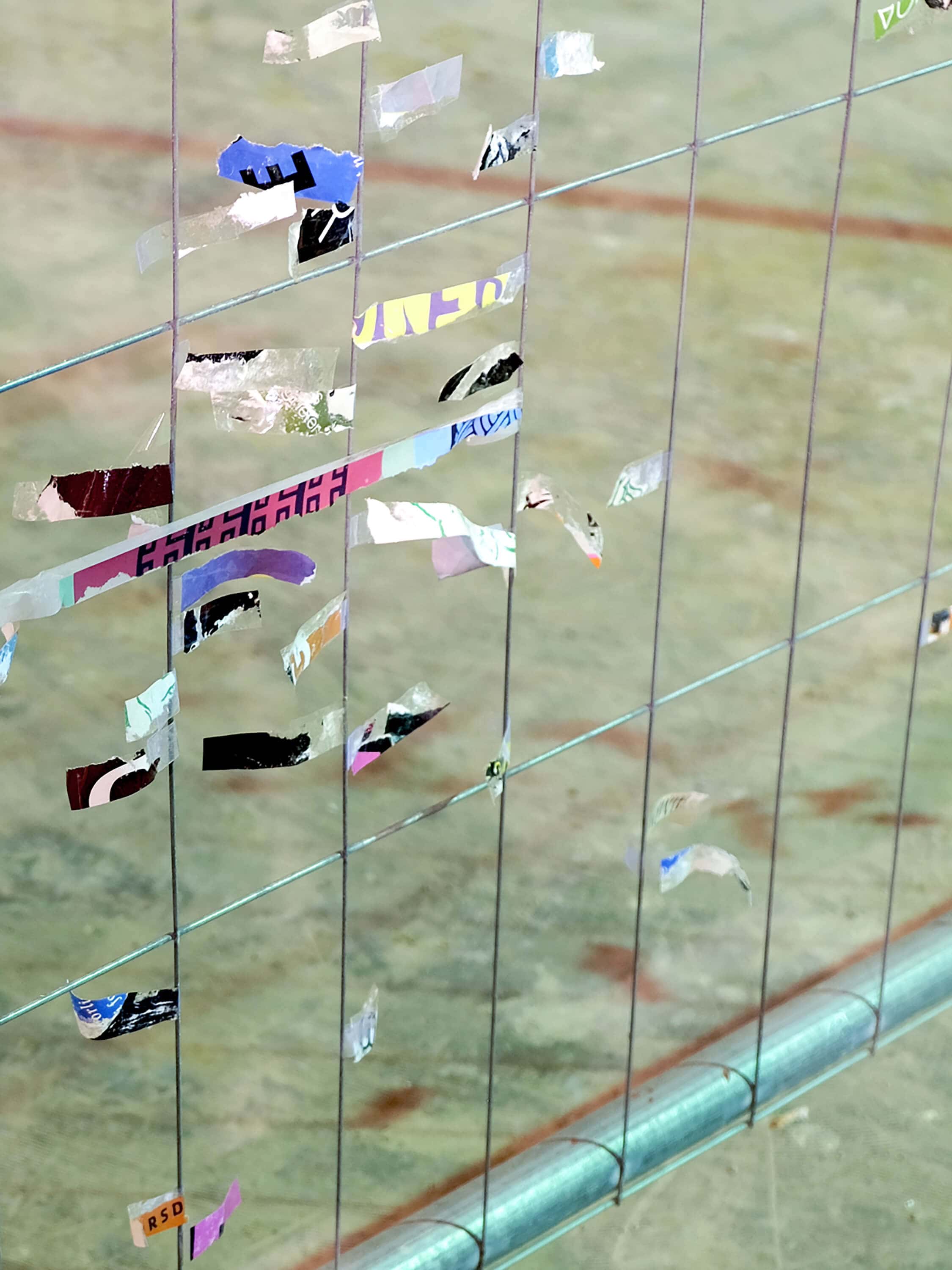 Detail of a construction fence with remnants of colorful fragments of posters on cellophane. An artwork by artist Patricia Sandonis