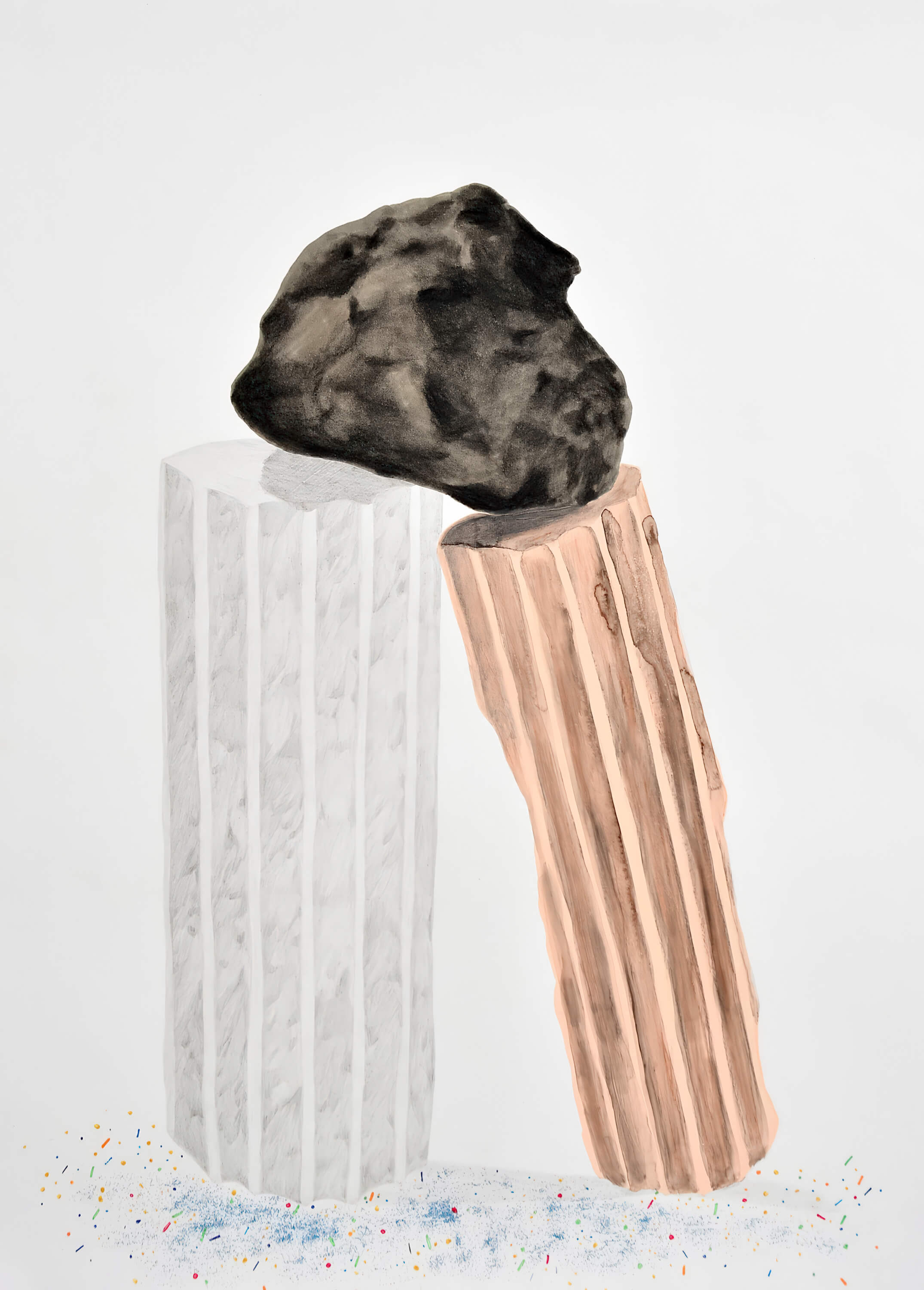 Patricia Sandonis drawing on paper, showing two columns in gray and pink, in ruins that are supporting a stone